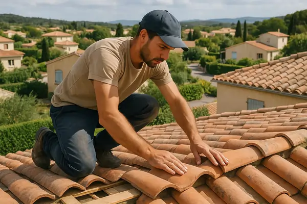 Couvreur concentré sur la pose de tuiles à Carcassonne